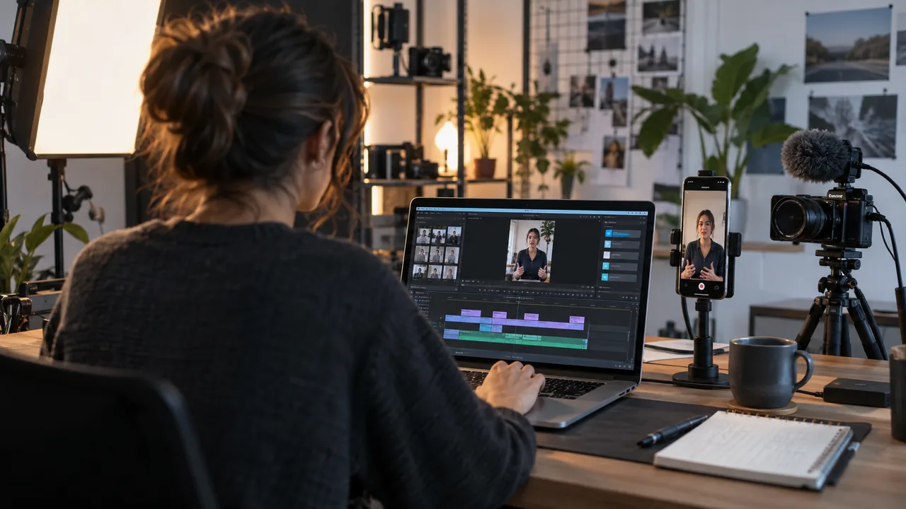 Creator editing a vertical talking-head video in a compact production studio