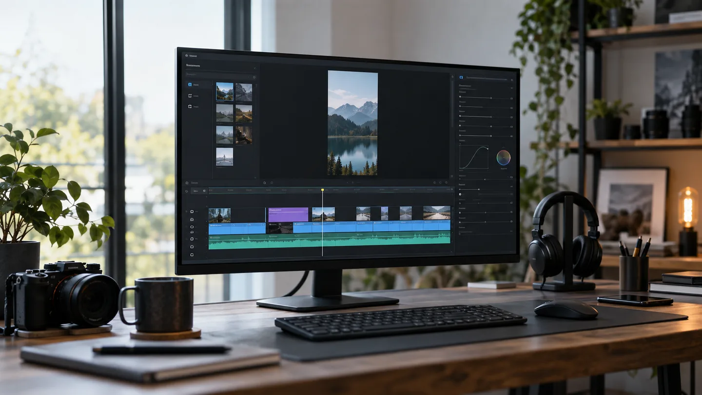 Desktop video editing workspace with a vertical-video preview and editing timeline